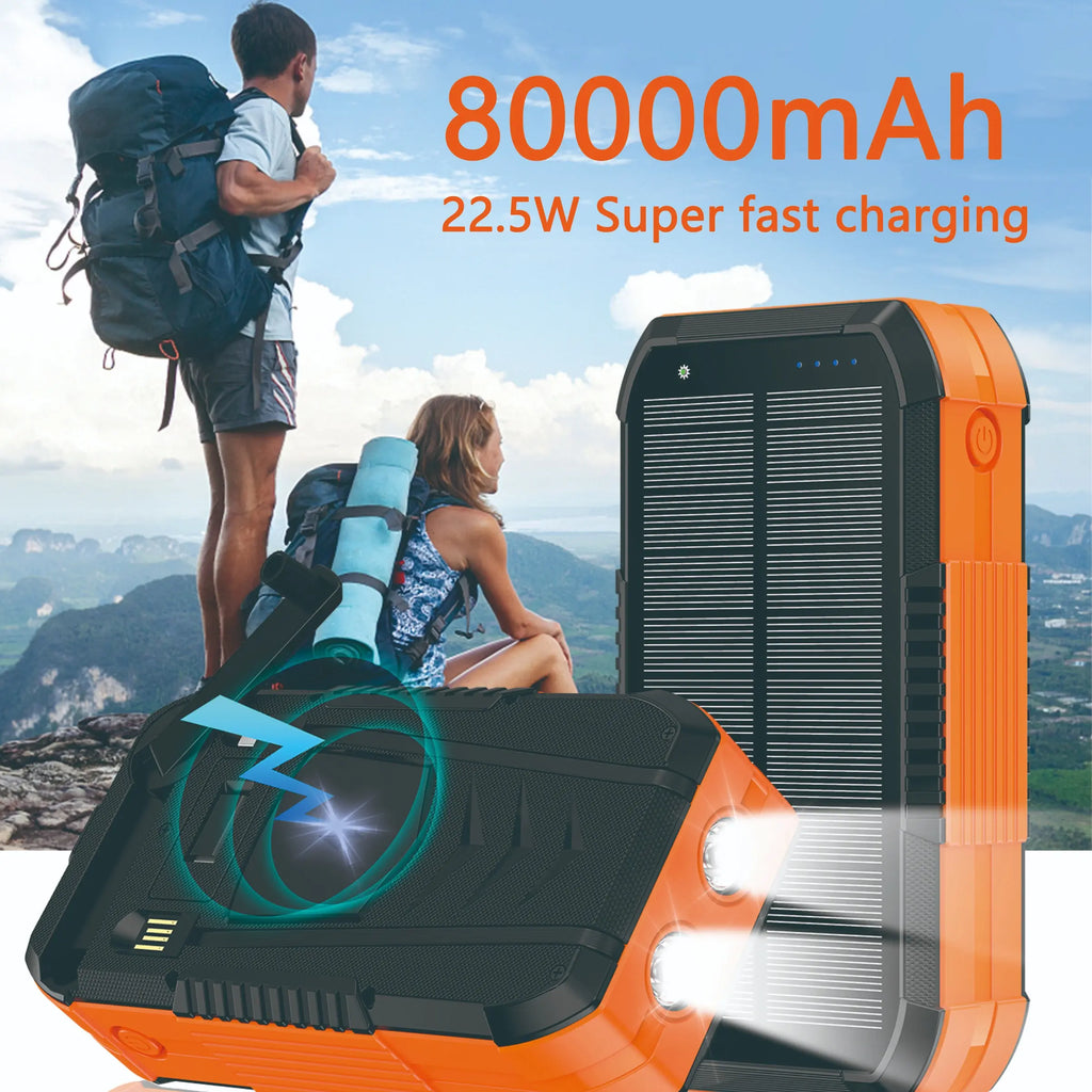80000Mah Solar Power Bank with Hand Crank | Built-In Input & Output Cables | Dual USB Outputs | Dual Input Ports | LED Flashlight | Compass | Heavy-Duty Design for Outdoor & Emergency Use