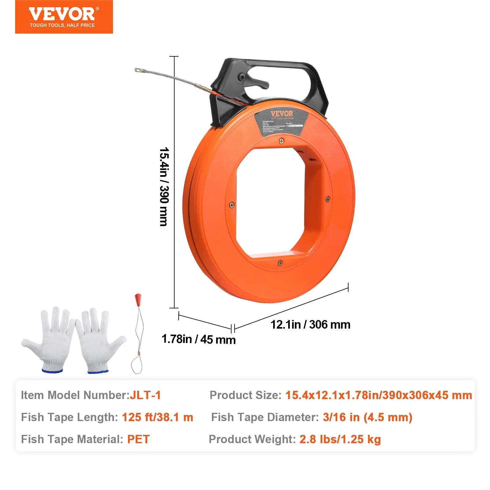 【Fathersdaygift】Vevor Fish Tape, 125-Foot, 3/16-Inch, PET Wire Puller with Optimized Housing and Handle, Easy-To-Use Cable Puller Tool, Flexible Wire Fishing Tools for Walls and Electrical Conduit, Non-Conductive