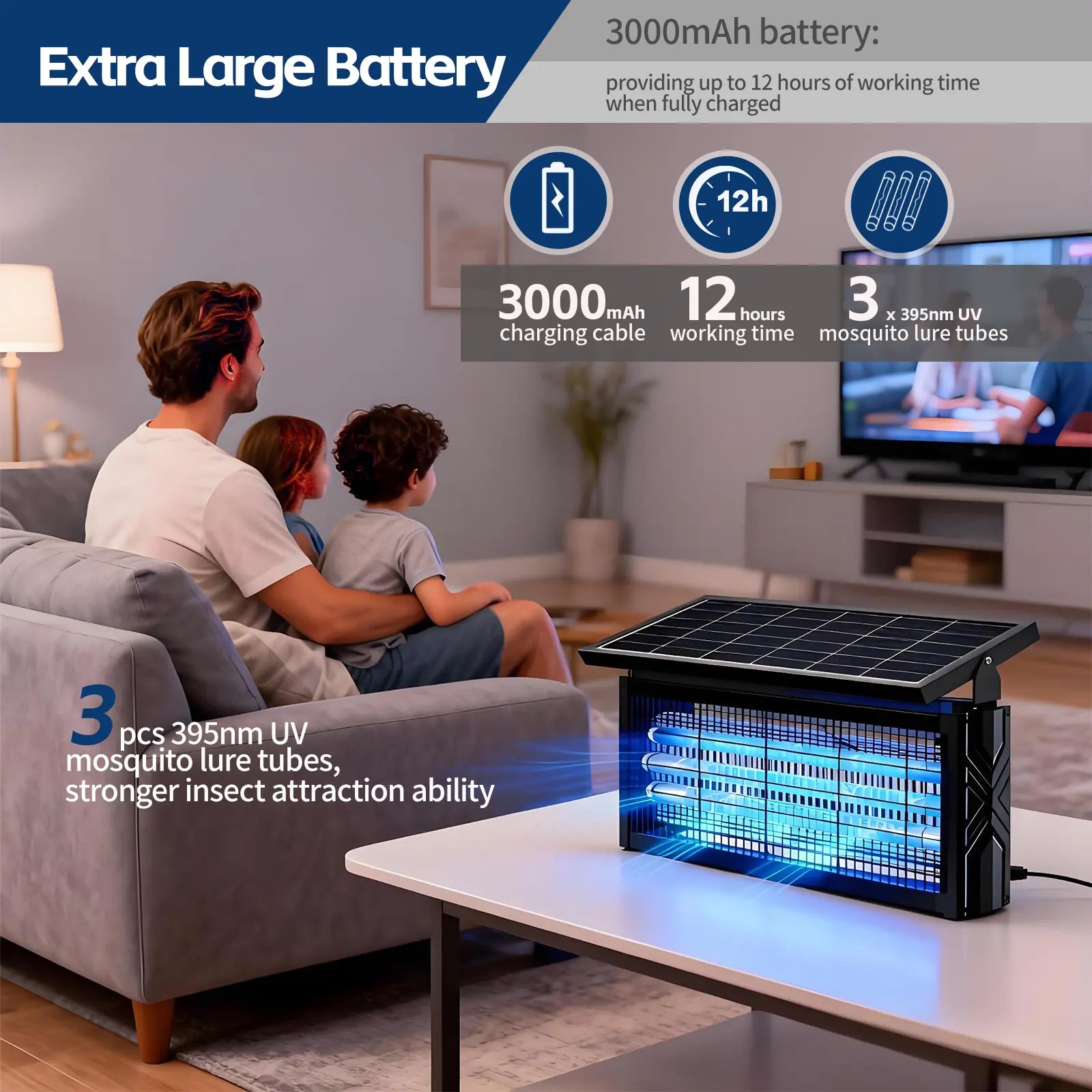 Solar Bug Zapper 4500V – 3000mAh Rechargeable Mosquito & Fly Killer with 2 Modes, IPX67 Waterproof for Patio, Garden & Outdoor Use
