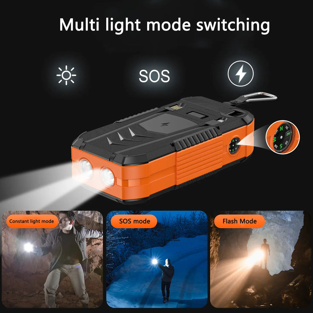 80000Mah Solar Power Bank with Hand Crank | Built-In Input & Output Cables | Dual USB Outputs | Dual Input Ports | LED Flashlight | Compass | Heavy-Duty Design for Outdoor & Emergency Use
