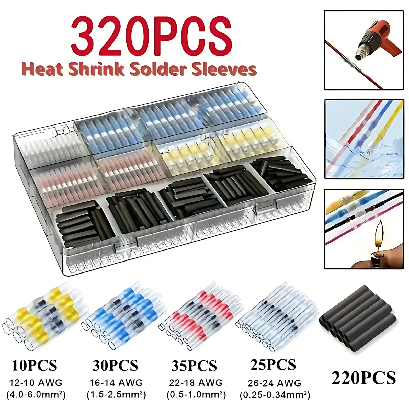 320Pcs / 640Pcs / 900Pcs Solder Seal Wire Connector Kit – Heat-Shrink Butt Conn, Waterproof Elec Terminals for Auto, Marine, DIY Wiring, Weatherproof Solder Sleeves, Car Repair, Boat, RV, No-Crimp Quick Fix