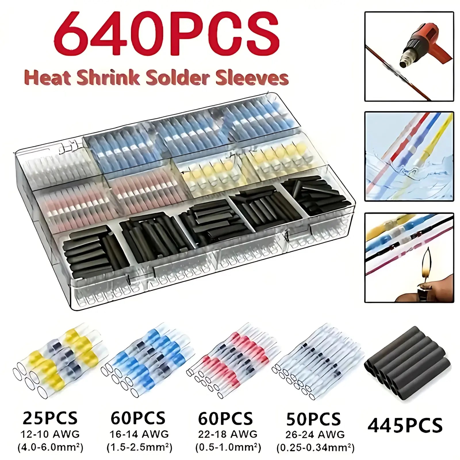 320Pcs / 640Pcs / 900Pcs Solder Seal Wire Connector Kit – Heat-Shrink Butt Conn, Waterproof Elec Terminals for Auto, Marine, DIY Wiring, Weatherproof Solder Sleeves, Car Repair, Boat, RV, No-Crimp Quick Fix