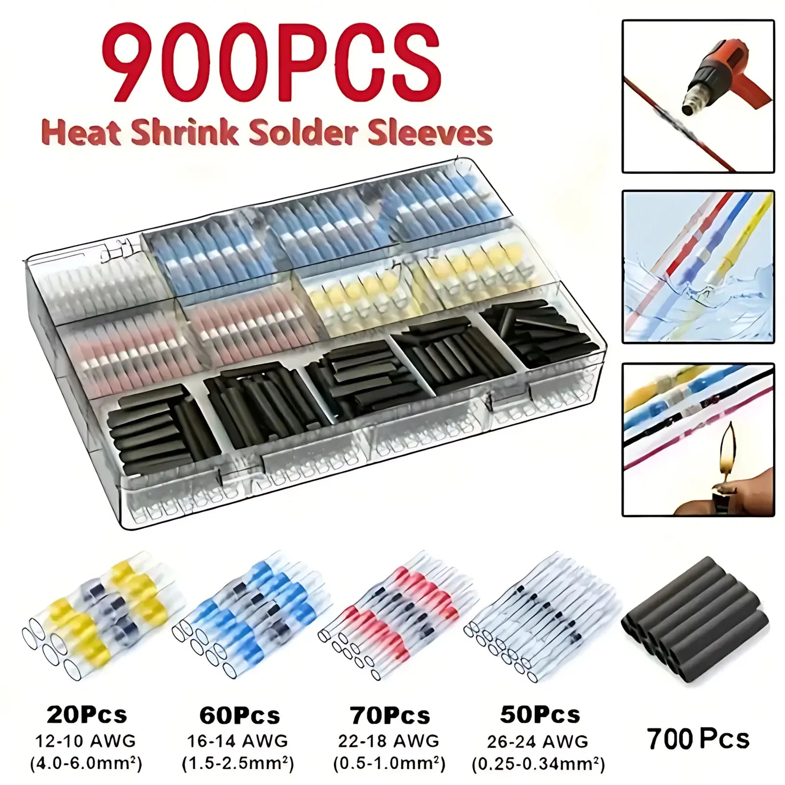320Pcs / 640Pcs / 900Pcs Solder Seal Wire Connector Kit – Heat-Shrink Butt Conn, Waterproof Elec Terminals for Auto, Marine, DIY Wiring, Weatherproof Solder Sleeves, Car Repair, Boat, RV, No-Crimp Quick Fix