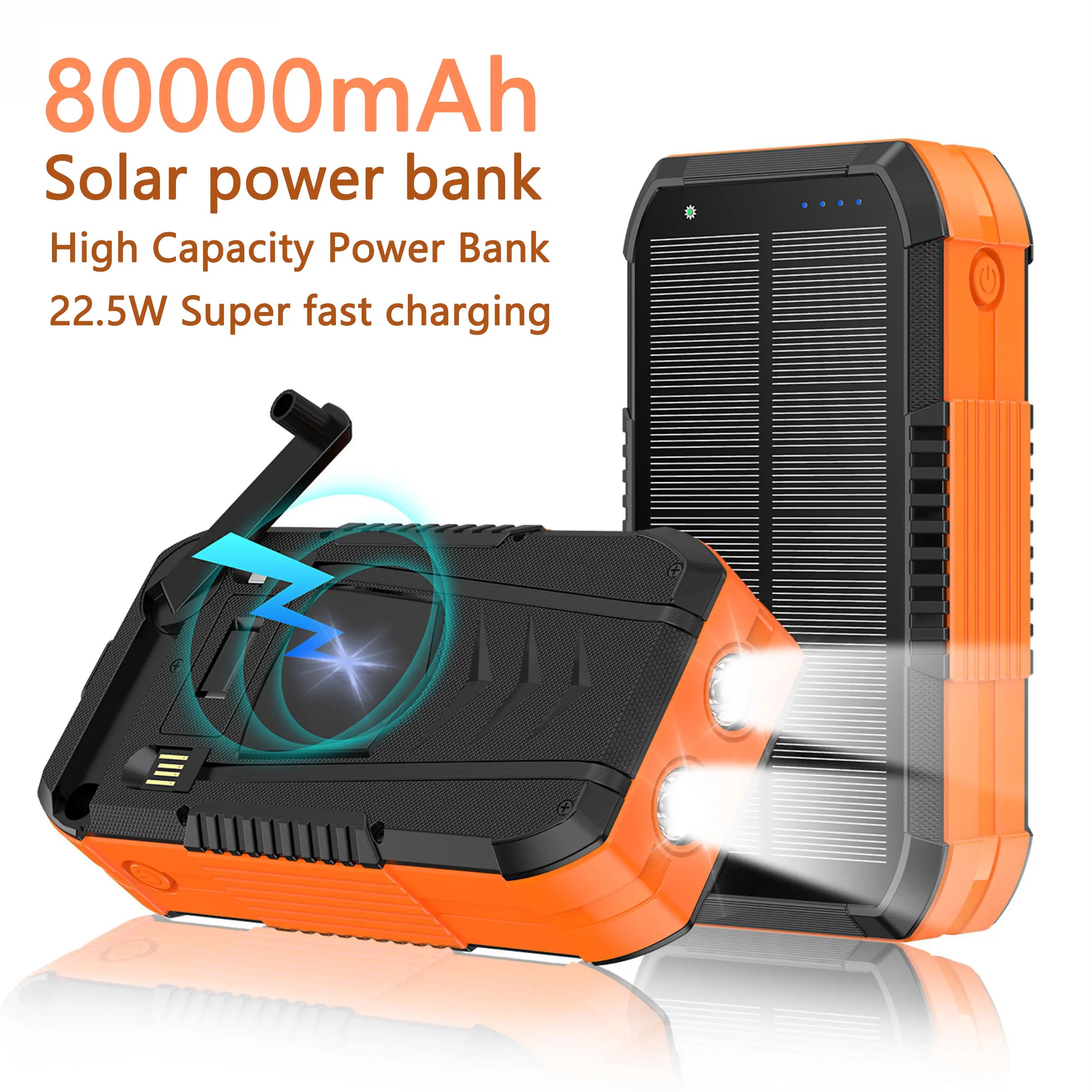 80000Mah Solar Power Bank with Hand Crank | Built-In Input & Output Cables | Dual USB Outputs | Dual Input Ports | LED Flashlight | Compass | Heavy-Duty Design for Outdoor & Emergency Use