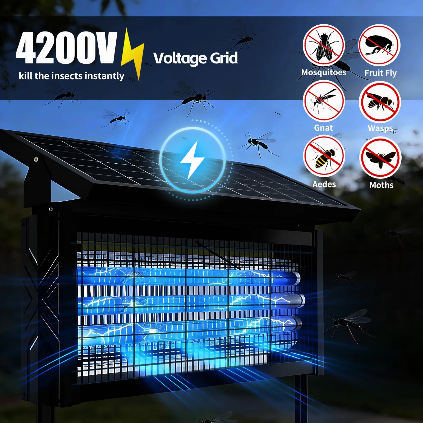 Solar Bug Zapper 4500V – 3000mAh Rechargeable Mosquito & Fly Killer with 2 Modes, IPX67 Waterproof for Patio, Garden & Outdoor Use
