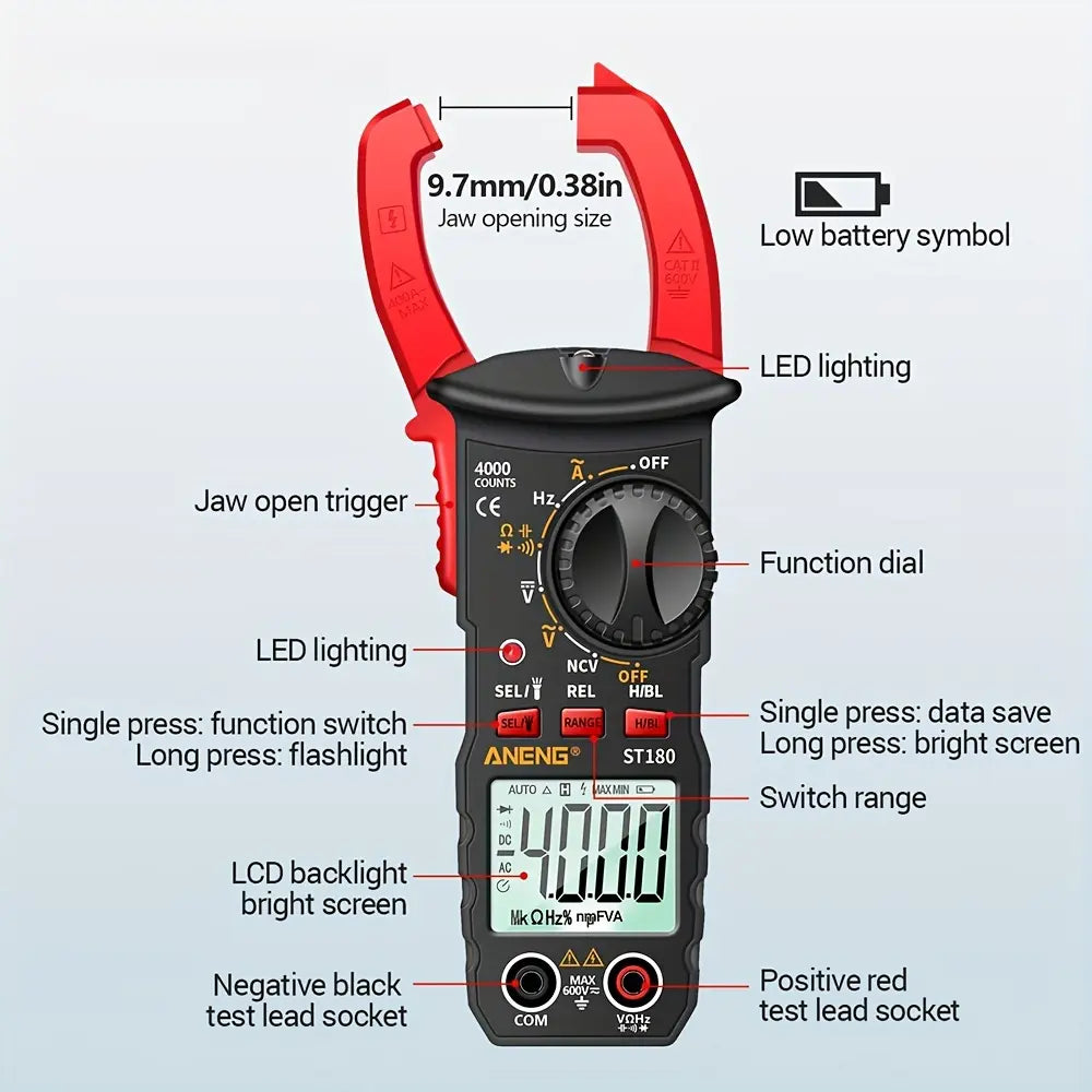 ST180/ST181 Digital Clamp Meter | 4000 Count, NCV, AC/DC Voltage & Current Tester with Measuring Pen