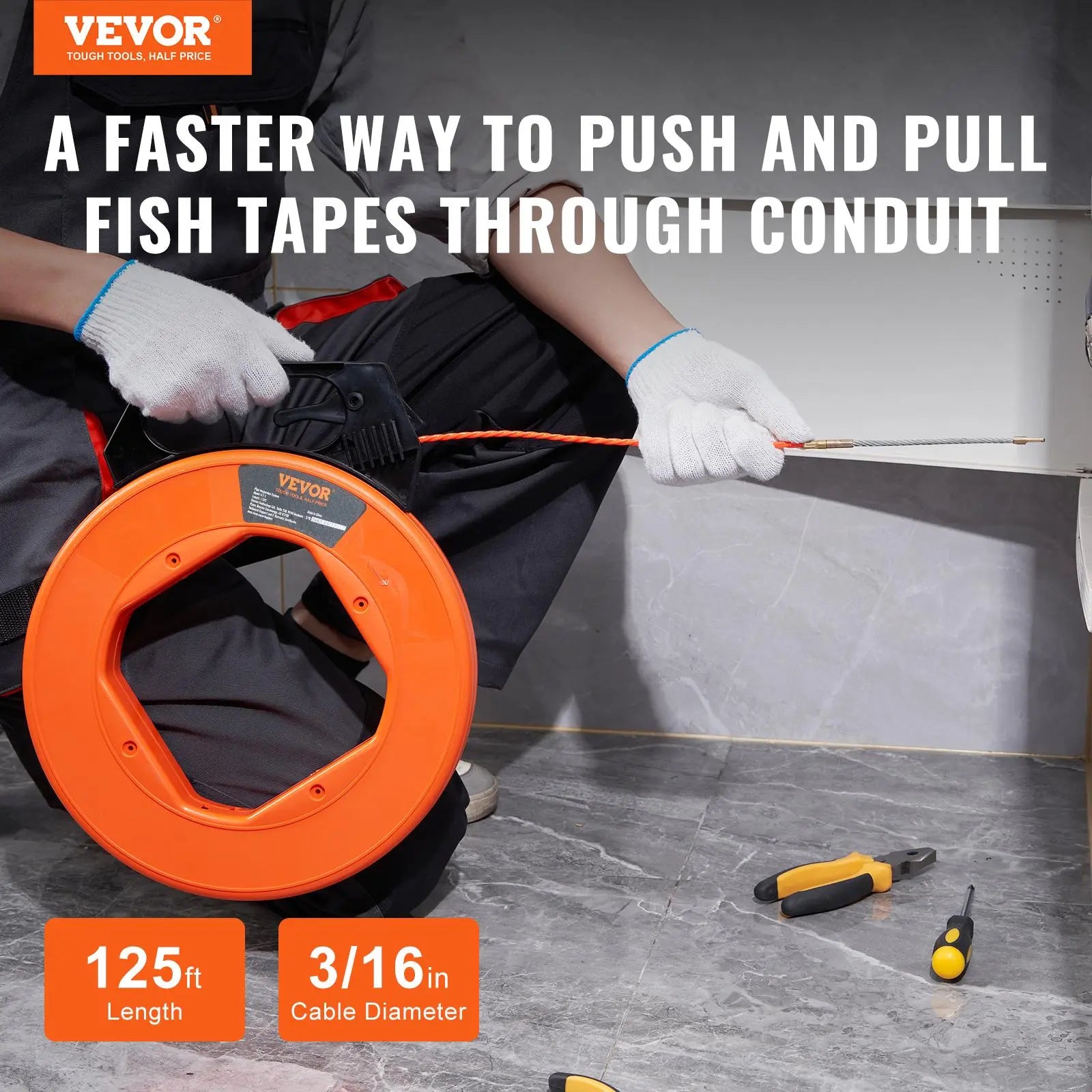 【Fathersdaygift】Vevor Fish Tape, 125-Foot, 3/16-Inch, PET Wire Puller with Optimized Housing and Handle, Easy-To-Use Cable Puller Tool, Flexible Wire Fishing Tools for Walls and Electrical Conduit, Non-Conductive