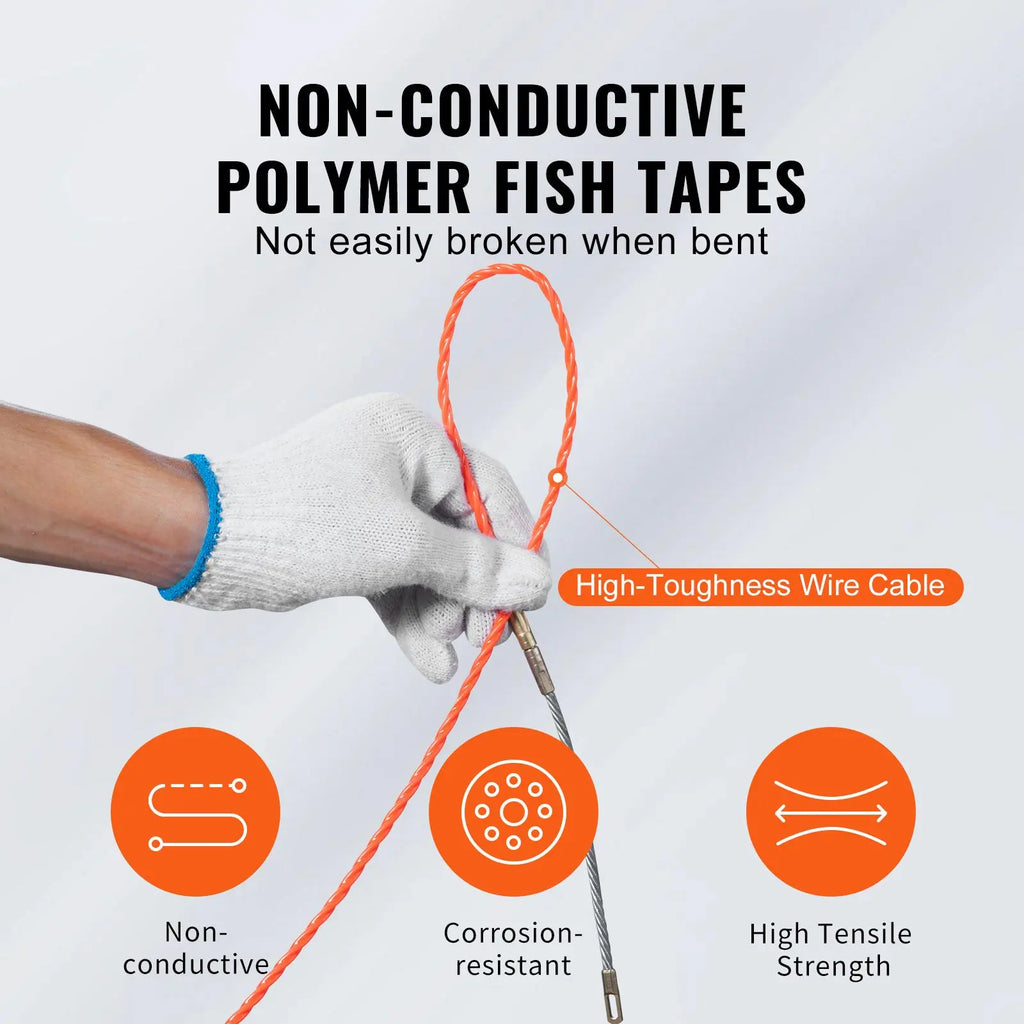 【Fathersdaygift】Vevor Fish Tape, 125-Foot, 3/16-Inch, PET Wire Puller with Optimized Housing and Handle, Easy-To-Use Cable Puller Tool, Flexible Wire Fishing Tools for Walls and Electrical Conduit, Non-Conductive