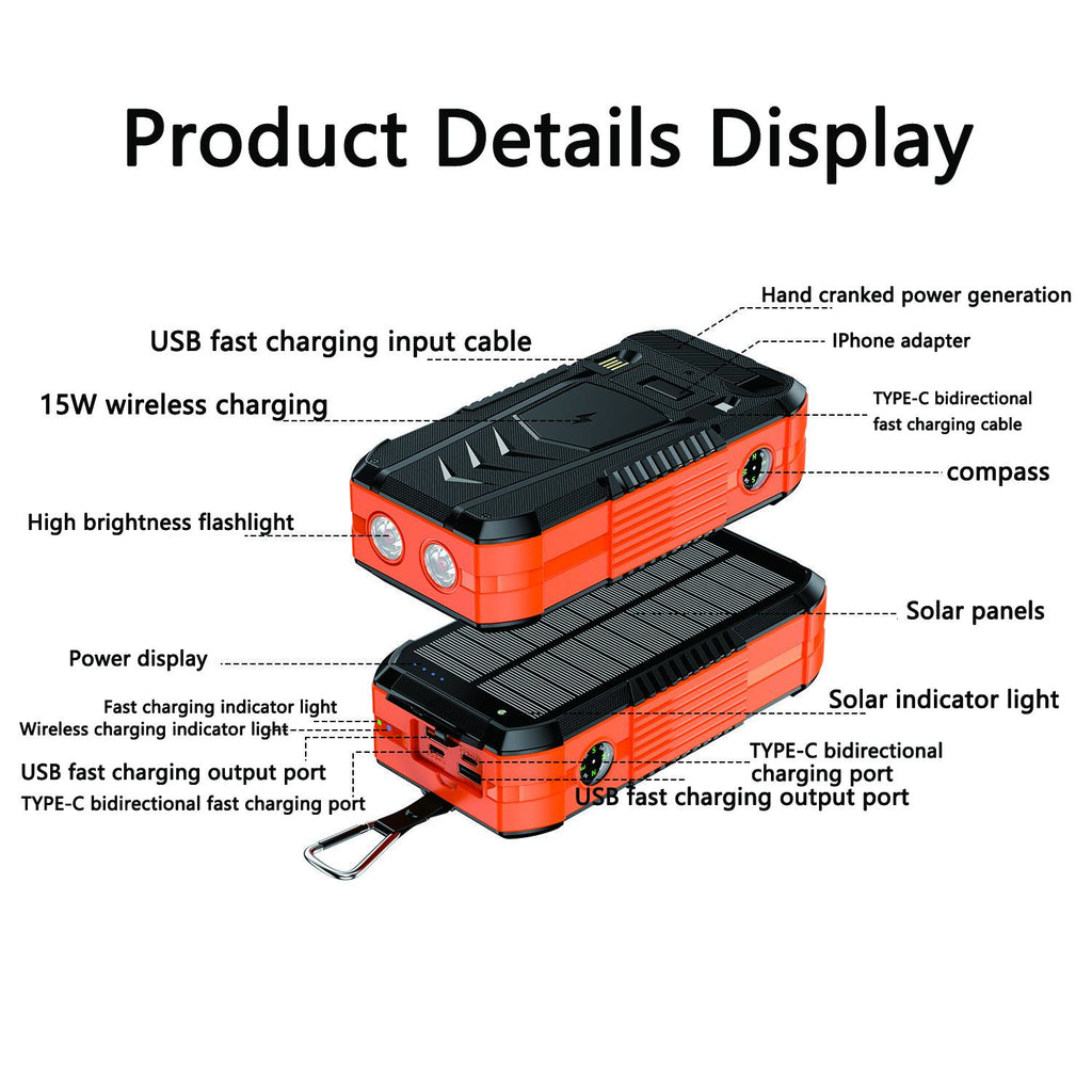 80000Mah Solar Power Bank with Hand Crank | Built-In Input & Output Cables | Dual USB Outputs | Dual Input Ports | LED Flashlight | Compass | Heavy-Duty Design for Outdoor & Emergency Use