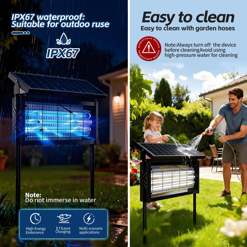 Solar Bug Zapper 4500V – 3000mAh Rechargeable Mosquito & Fly Killer with 2 Modes, IPX67 Waterproof for Patio, Garden & Outdoor Use