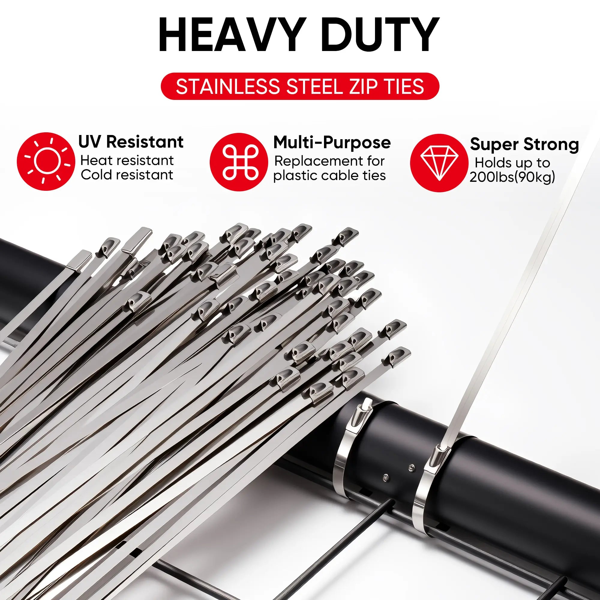 Stainless Steel Cable Tie Gun Kit-100Pcs 11.8 Inches 304 Heavy Duty Metal Zip Ties, 200LBS Tensile Strength & UV Resistant-For Fence, Exhaust Pipe, Chicken Coop & Industrial Use