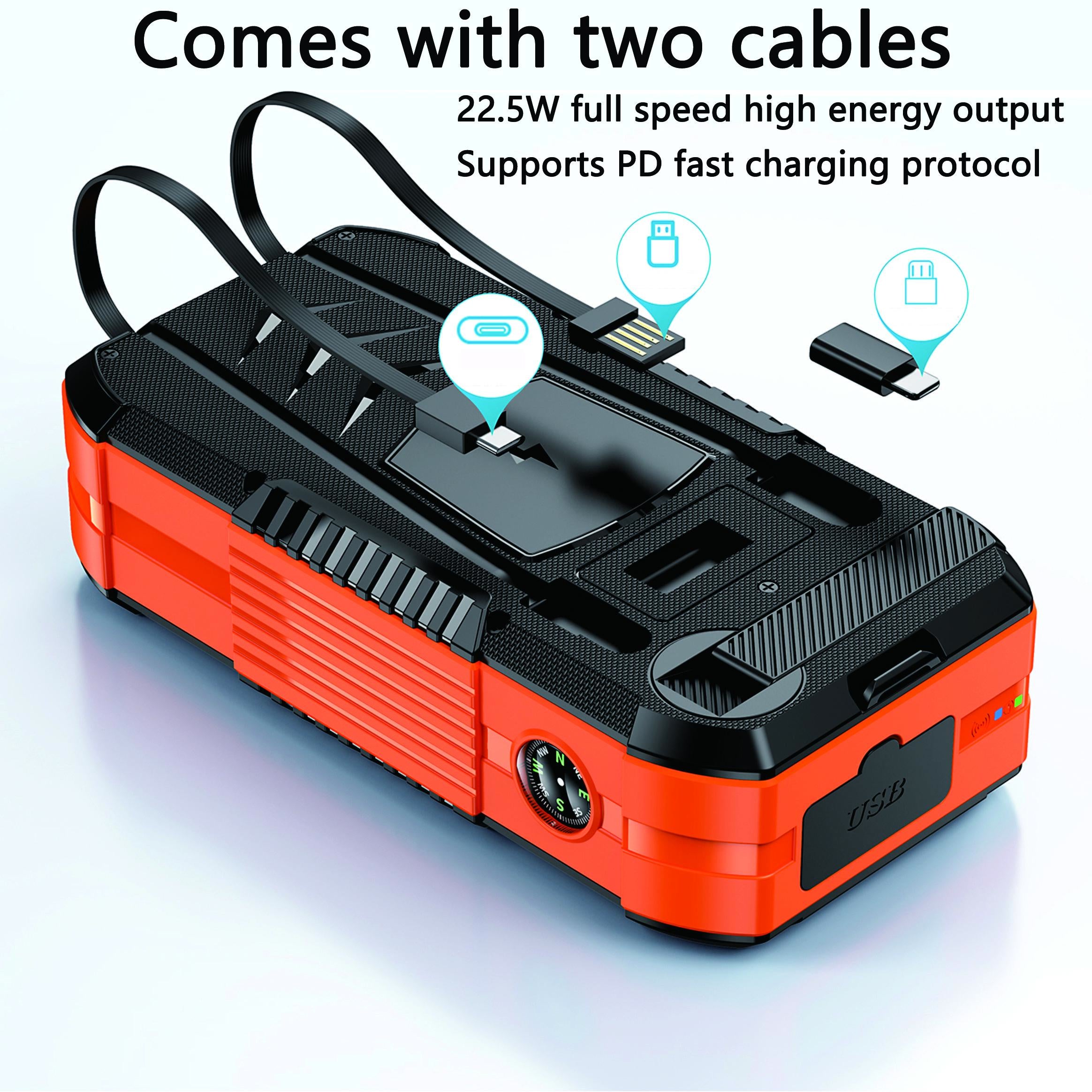 80000Mah Solar Power Bank with Hand Crank | Built-In Input & Output Cables | Dual USB Outputs | Dual Input Ports | LED Flashlight | Compass | Heavy-Duty Design for Outdoor & Emergency Use