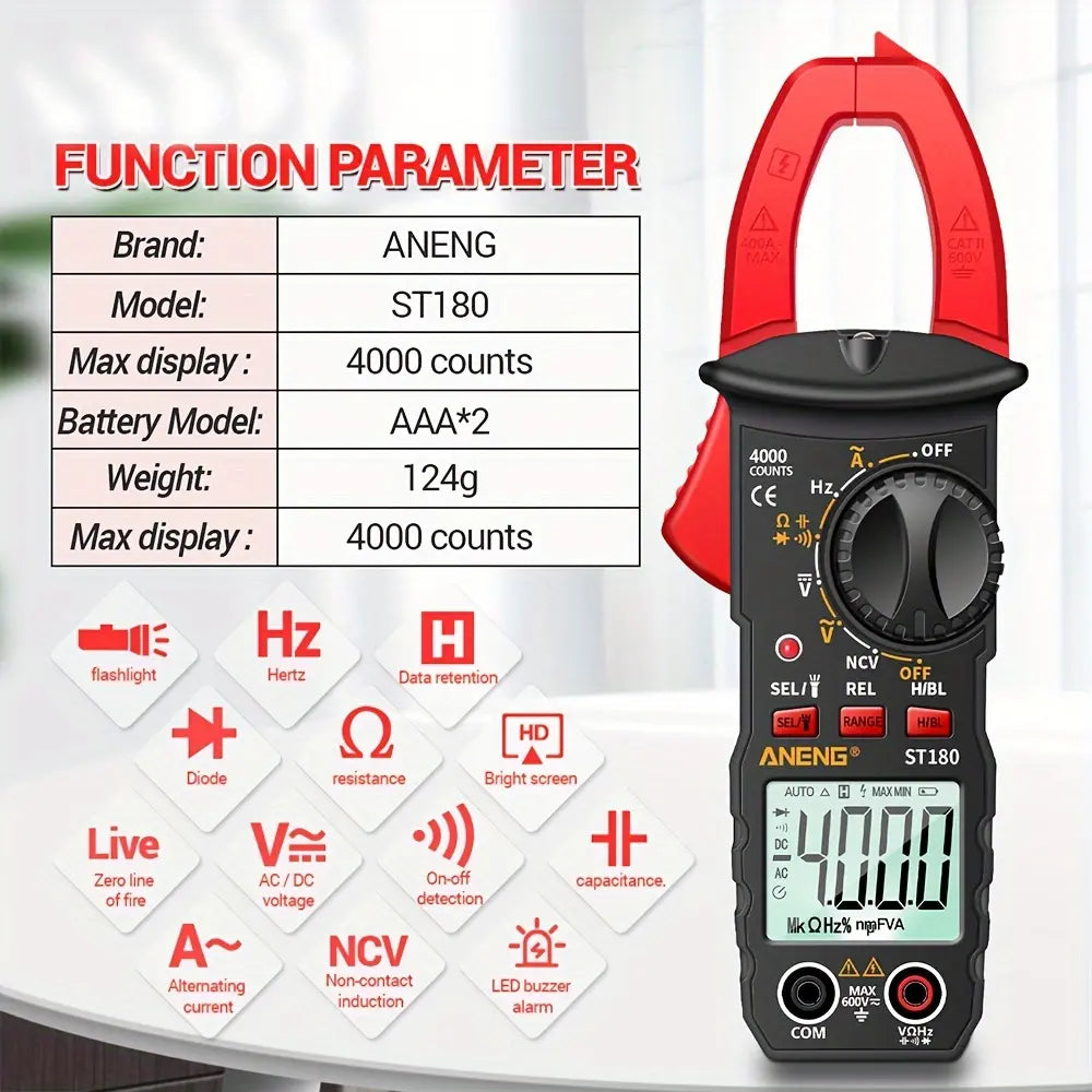 ST180/ST181 Digital Clamp Meter | 4000 Count, NCV, AC/DC Voltage & Current Tester with Measuring Pen