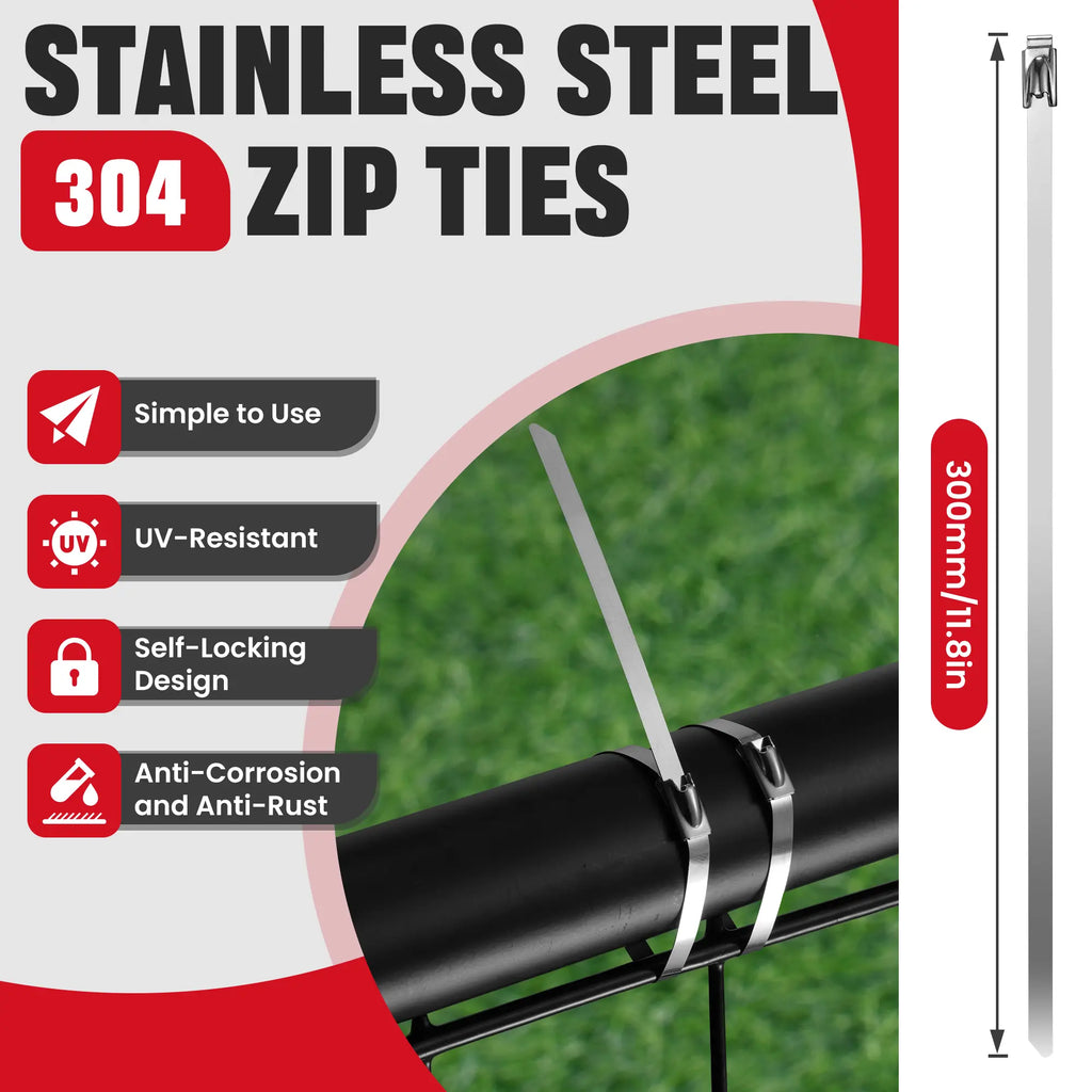 Stainless Steel Cable Tie Gun Kit-100Pcs 11.8 Inches 304 Heavy Duty Metal Zip Ties, 200LBS Tensile Strength & UV Resistant-For Fence, Exhaust Pipe, Chicken Coop & Industrial Use