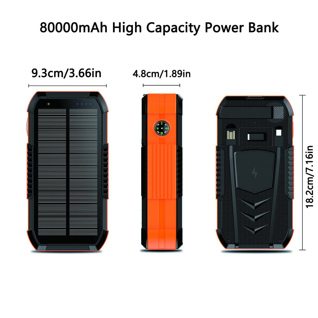 80000Mah Solar Power Bank with Hand Crank | Built-In Input & Output Cables | Dual USB Outputs | Dual Input Ports | LED Flashlight | Compass | Heavy-Duty Design for Outdoor & Emergency Use