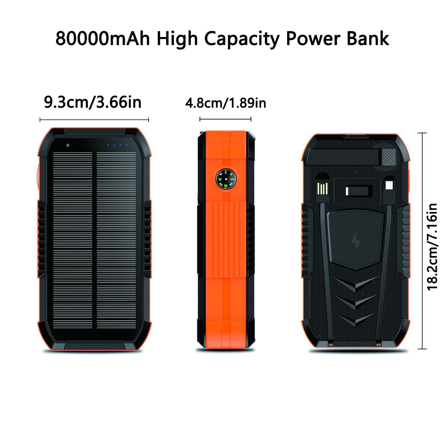 80000Mah Solar Power Bank with Hand Crank | Built-In Input & Output Cables | Dual USB Outputs | Dual Input Ports | LED Flashlight | Compass | Heavy-Duty Design for Outdoor & Emergency Use