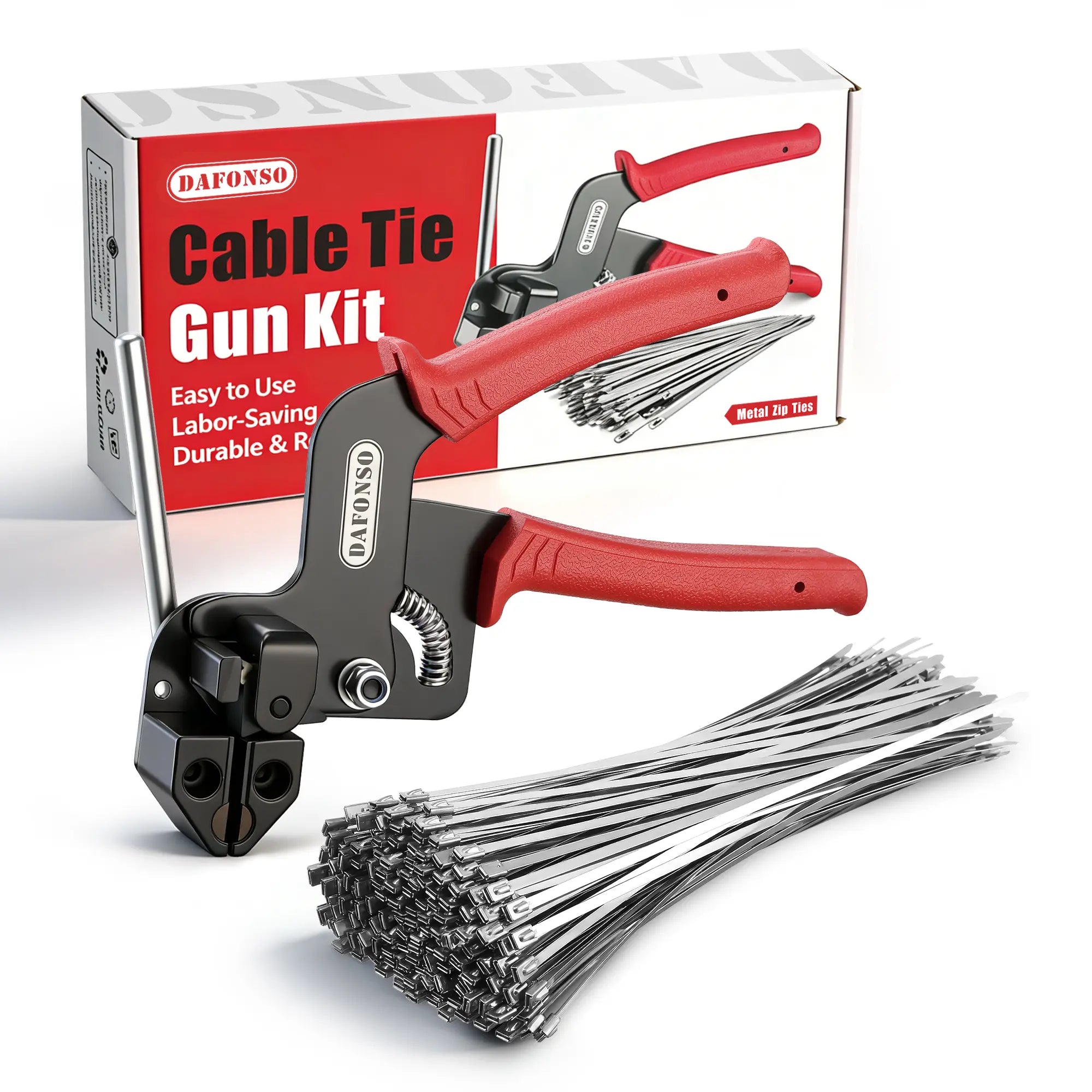 Stainless Steel Cable Tie Gun Kit-100Pcs 11.8 Inches 304 Heavy Duty Metal Zip Ties, 200LBS Tensile Strength & UV Resistant-For Fence, Exhaust Pipe, Chicken Coop & Industrial Use