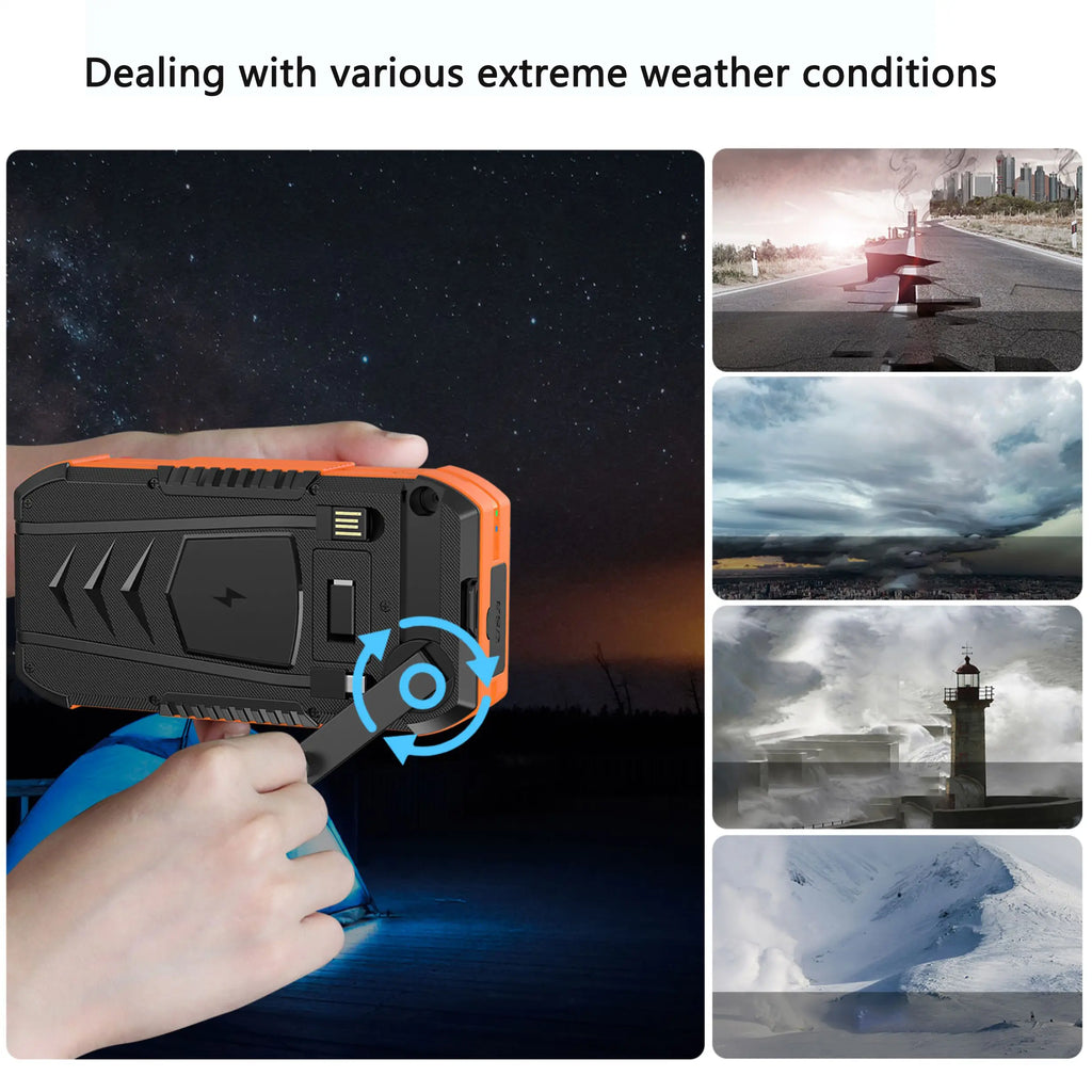 80000Mah Solar Power Bank with Hand Crank | Built-In Input & Output Cables | Dual USB Outputs | Dual Input Ports | LED Flashlight | Compass | Heavy-Duty Design for Outdoor & Emergency Use